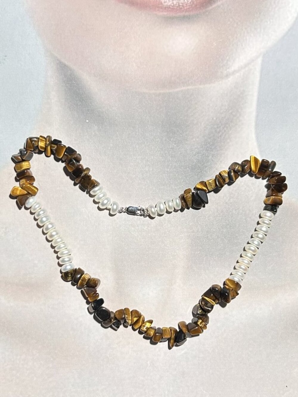 Tiger-Eye Chip Gemstones and Freshwater Pearls Necklace.